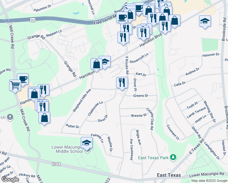 map of restaurants, bars, coffee shops, grocery stores, and more near 5840 Shepherd Hills Avenue in Wescosville