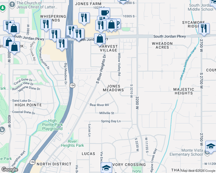 map of restaurants, bars, coffee shops, grocery stores, and more near 10717 Logan Canyon Road in South Jordan
