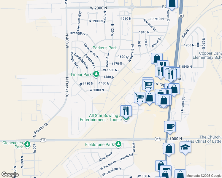 map of restaurants, bars, coffee shops, grocery stores, and more near 132 Ebbets Field in Tooele