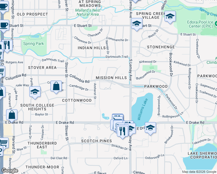 map of restaurants, bars, coffee shops, grocery stores, and more near 925 Columbia Road in Fort Collins