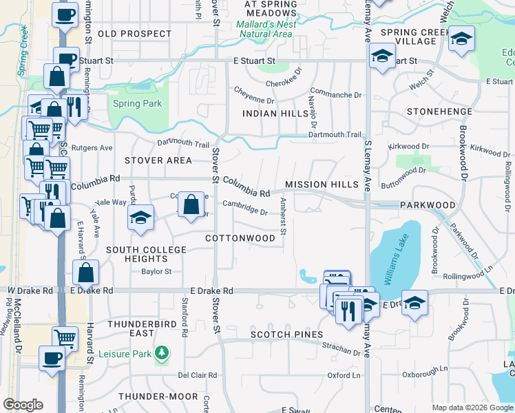 map of restaurants, bars, coffee shops, grocery stores, and more near 830 Cambridge Drive in Fort Collins