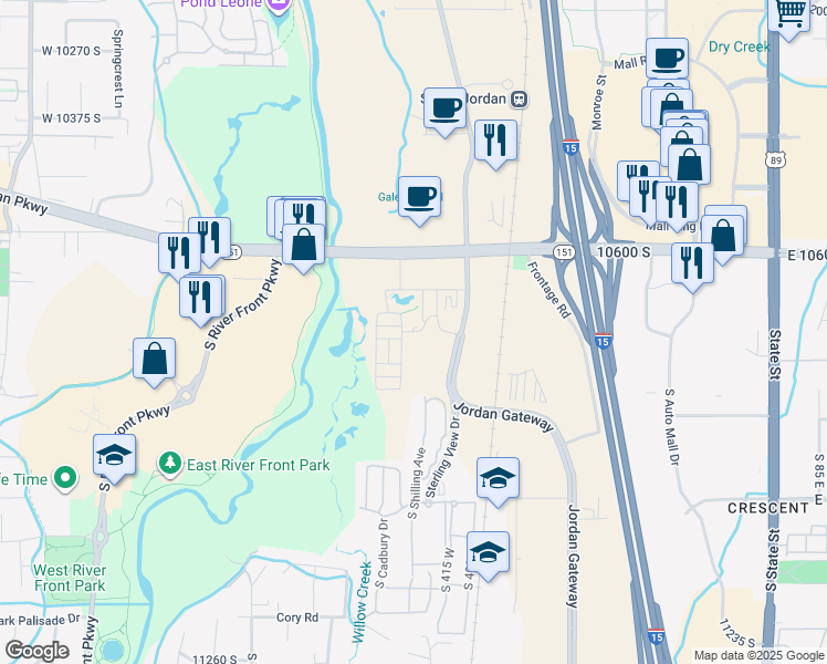 map of restaurants, bars, coffee shops, grocery stores, and more near 10670 Monica Ridge Way in South Jordan
