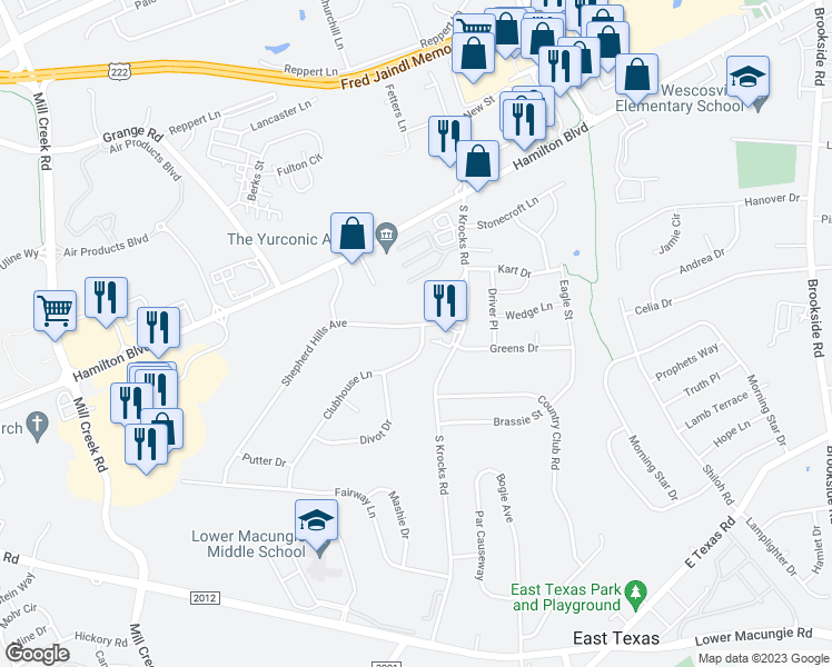 map of restaurants, bars, coffee shops, grocery stores, and more near 5840 Shepherd Hills Avenue in Wescosville