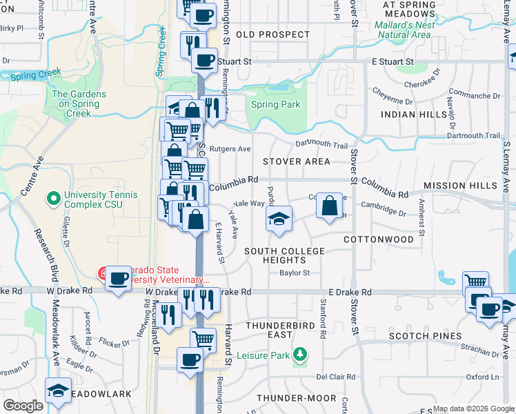 map of restaurants, bars, coffee shops, grocery stores, and more near 2400 Mathews Street in Fort Collins