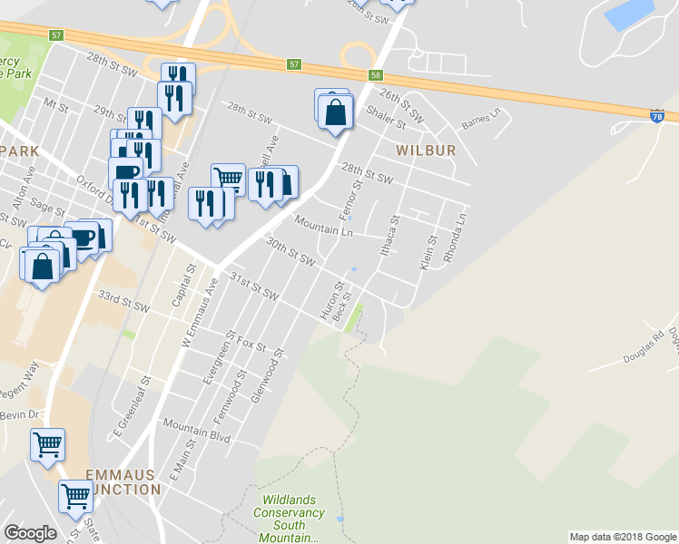 map of restaurants, bars, coffee shops, grocery stores, and more near 2535 30th Street Southwest in Allentown