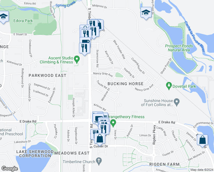 map of restaurants, bars, coffee shops, grocery stores, and more near 2286 Trestle Road in Fort Collins