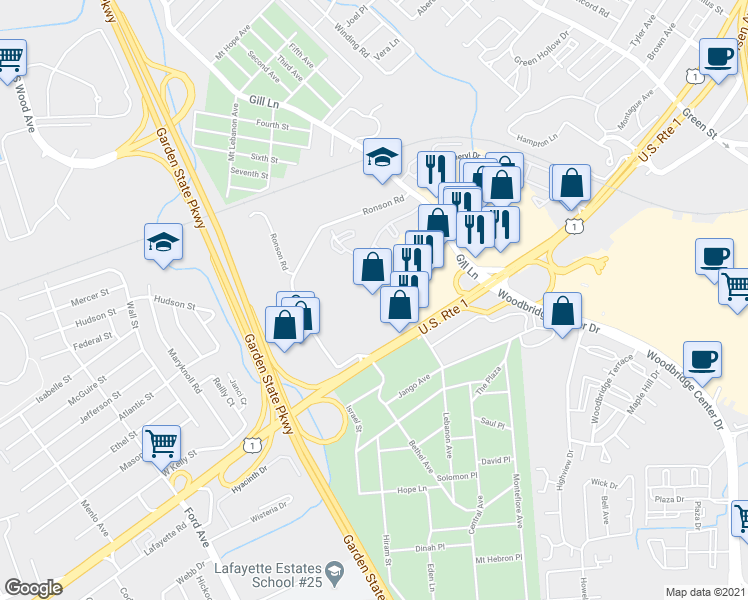 map of restaurants, bars, coffee shops, grocery stores, and more near 429 U.S. 1 in Woodbridge Township