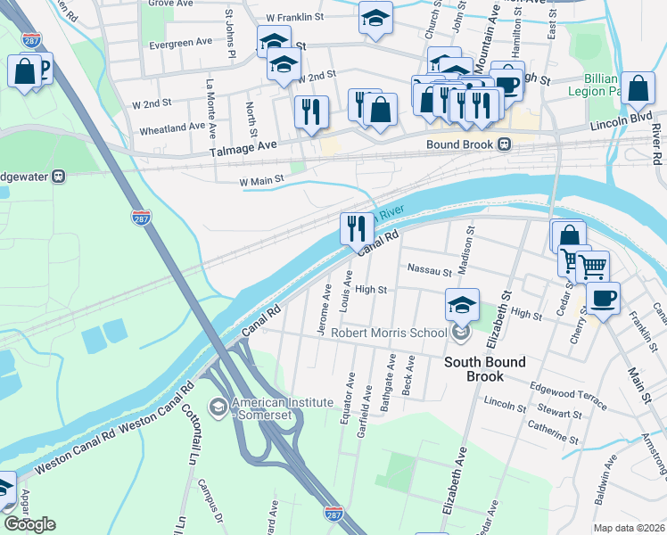 map of restaurants, bars, coffee shops, grocery stores, and more near 14 Louis Avenue in South Bound Brook