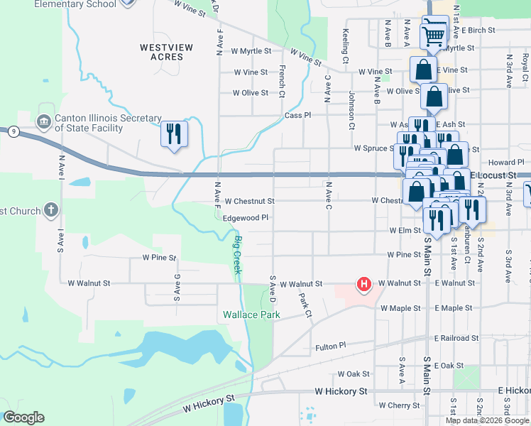 map of restaurants, bars, coffee shops, grocery stores, and more near 416 West Chestnut Street in Canton