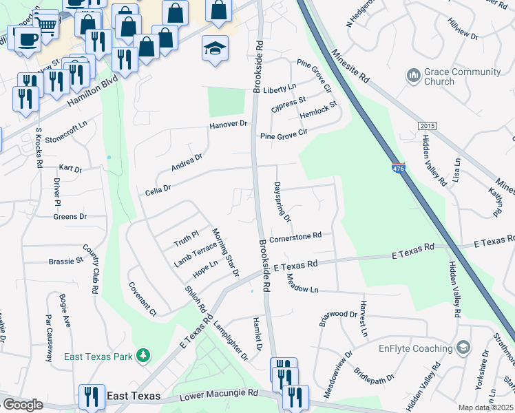 map of restaurants, bars, coffee shops, grocery stores, and more near 1385 Brookside Road in Allentown