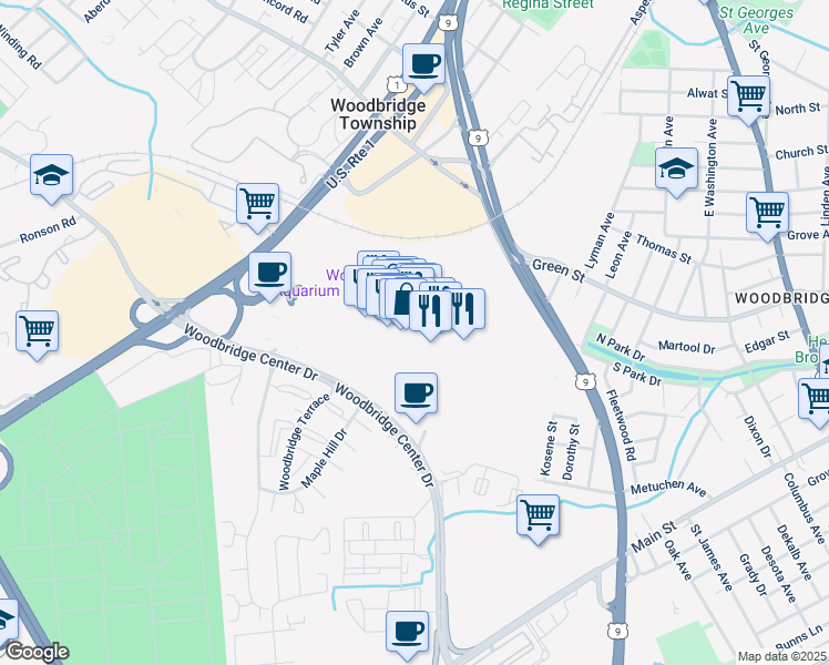 map of restaurants, bars, coffee shops, grocery stores, and more near 250 Woodbridge Center Drive in Woodbridge Township
