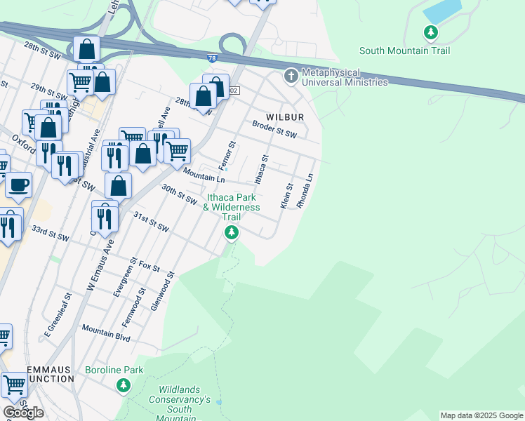 map of restaurants, bars, coffee shops, grocery stores, and more near 2617 Arch Street Southwest in Allentown