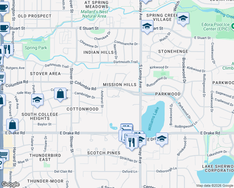 map of restaurants, bars, coffee shops, grocery stores, and more near 925 Columbia Road in Fort Collins