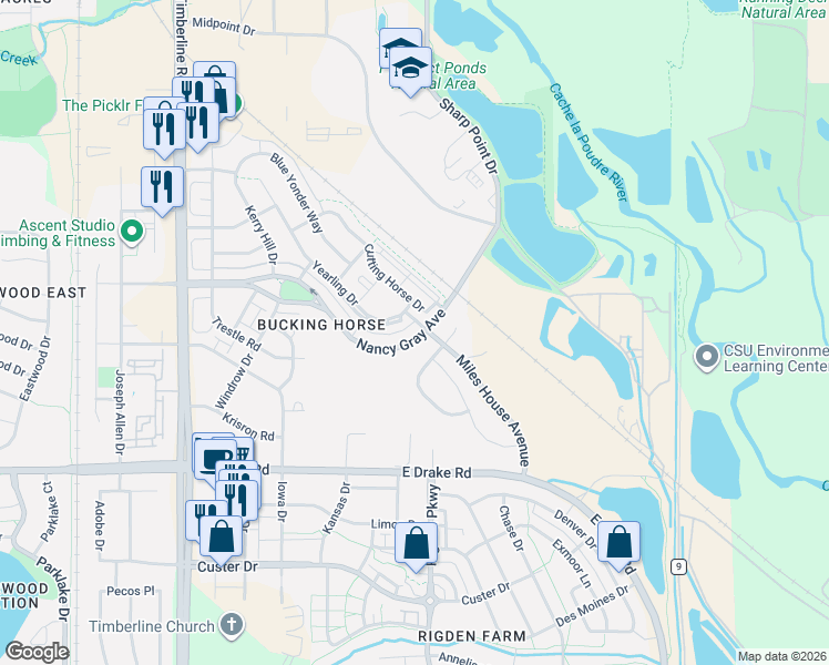 map of restaurants, bars, coffee shops, grocery stores, and more near 2244 Miles House Avenue in Fort Collins