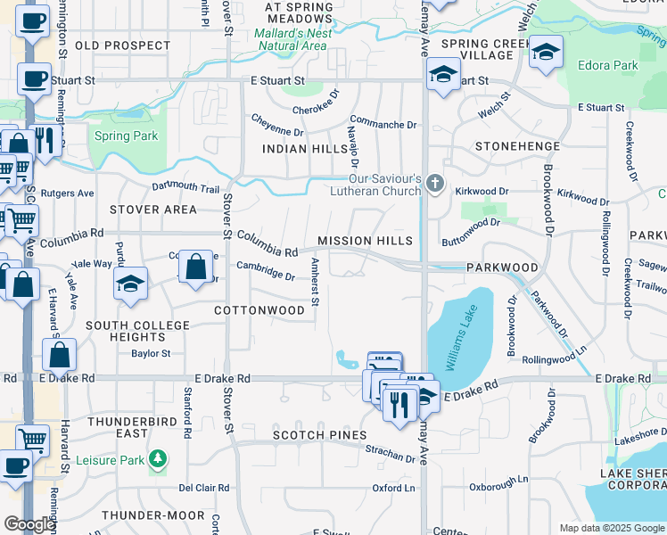 map of restaurants, bars, coffee shops, grocery stores, and more near 2300 Amherst Street in Fort Collins