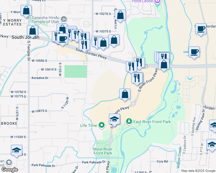 map of restaurants, bars, coffee shops, grocery stores, and more near 10657 South 1055 West in South Jordan