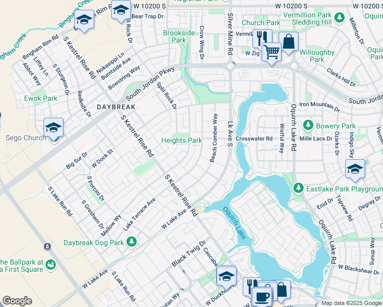 map of restaurants, bars, coffee shops, grocery stores, and more near 10694 Lake Terrace Avenue in South Jordan