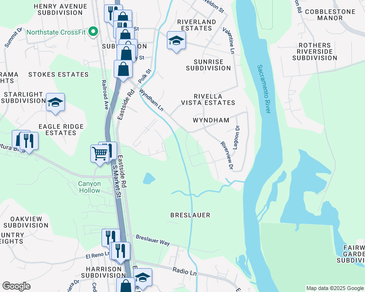 map of restaurants, bars, coffee shops, grocery stores, and more near 2625-2627 Wyndham Lane in Redding