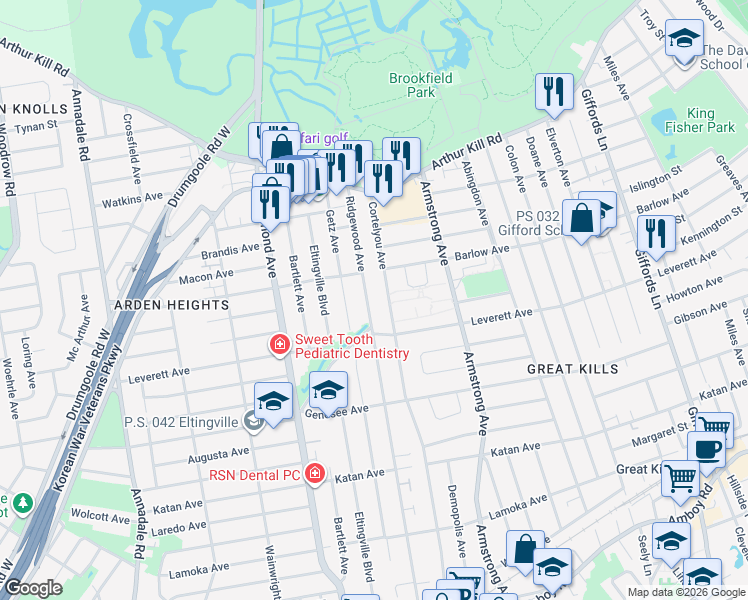 map of restaurants, bars, coffee shops, grocery stores, and more near 112 Cortelyou Avenue in Staten Island