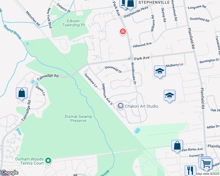 map of restaurants, bars, coffee shops, grocery stores, and more near 56 Pheasant Run in Edison