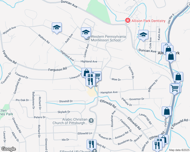 map of restaurants, bars, coffee shops, grocery stores, and more near 3837 Mount Royal Boulevard in Allison Park
