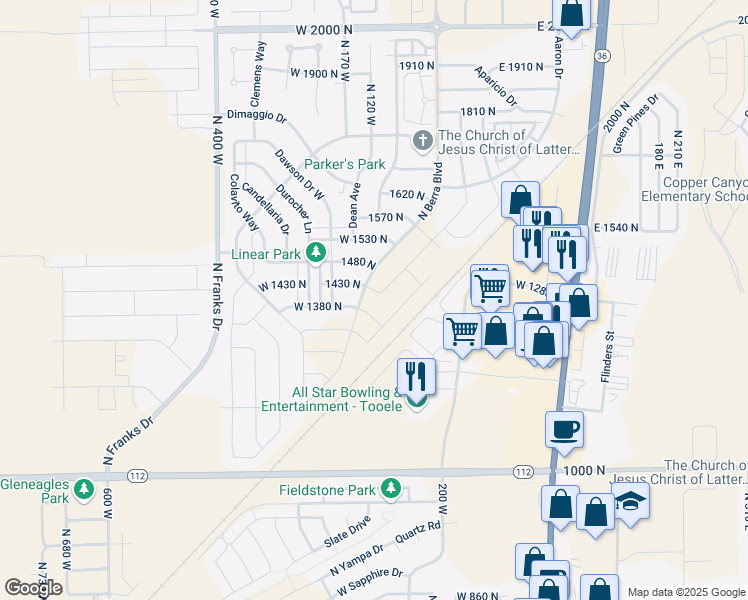 map of restaurants, bars, coffee shops, grocery stores, and more near 113 High Cheddar in Tooele