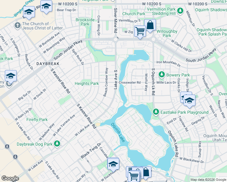 map of restaurants, bars, coffee shops, grocery stores, and more near 10702 Lake Avenue in South Jordan