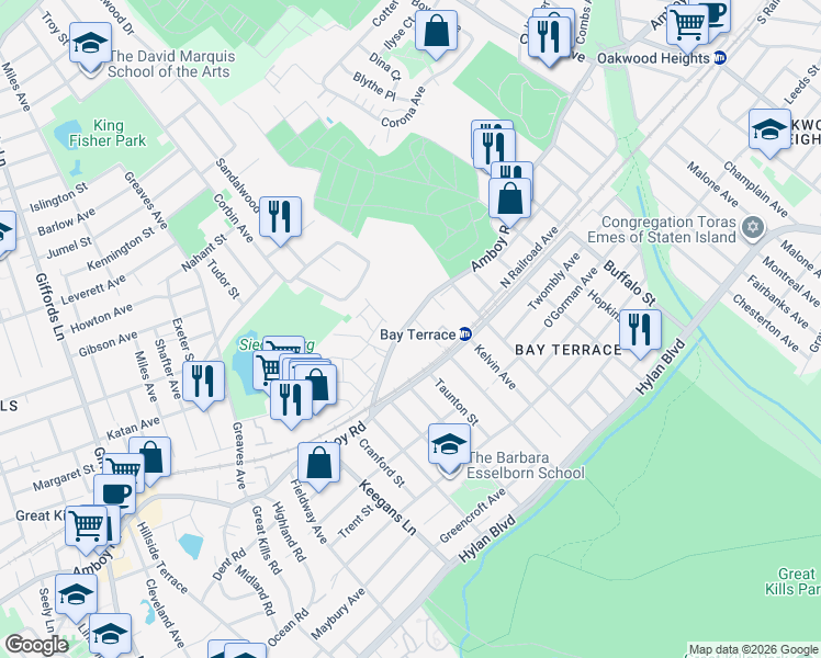 map of restaurants, bars, coffee shops, grocery stores, and more near 3470 Amboy Road in Staten Island