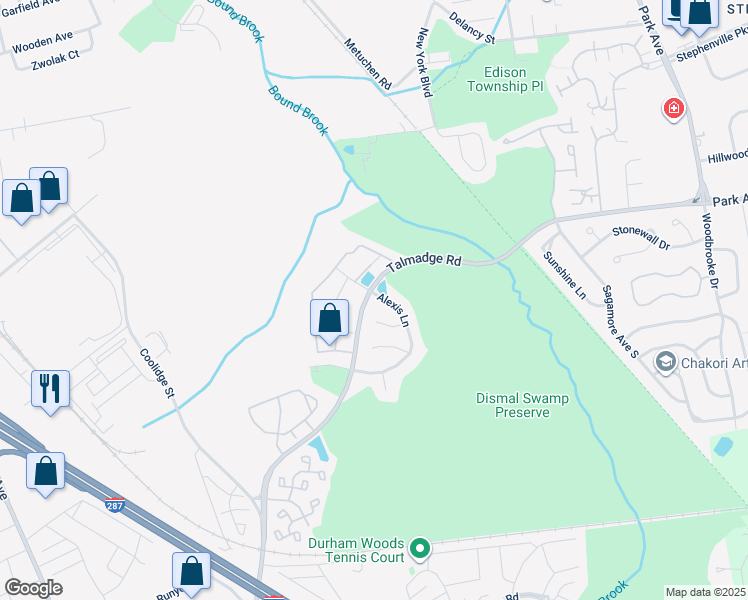 map of restaurants, bars, coffee shops, grocery stores, and more near 34 Alexis Lane in Edison