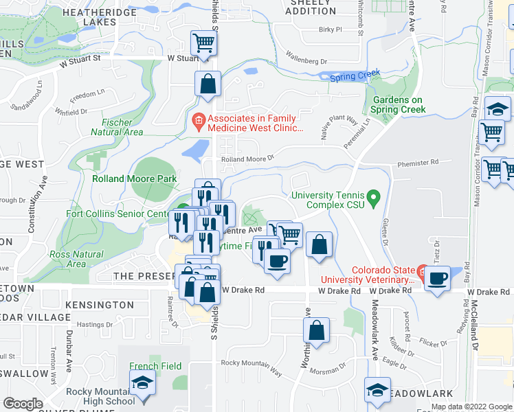 map of restaurants, bars, coffee shops, grocery stores, and more near 947 Worthington Circle in Fort Collins