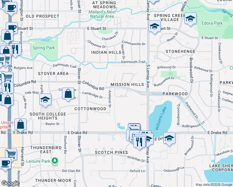 map of restaurants, bars, coffee shops, grocery stores, and more near 2300 Amherst Street in Fort Collins