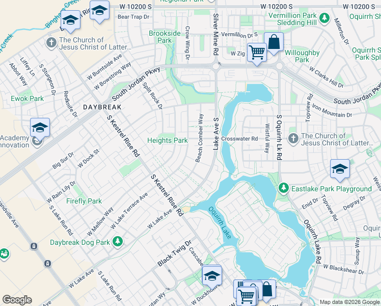 map of restaurants, bars, coffee shops, grocery stores, and more near 10713 Lake Avenue South in South Jordan