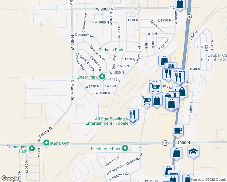 map of restaurants, bars, coffee shops, grocery stores, and more near 151 1430 North in Tooele