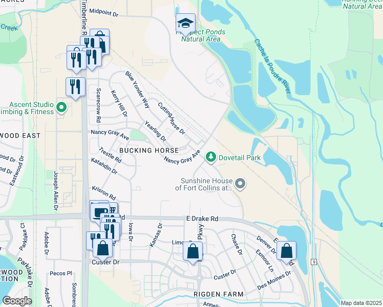 map of restaurants, bars, coffee shops, grocery stores, and more near 2244 Miles House Avenue in Fort Collins