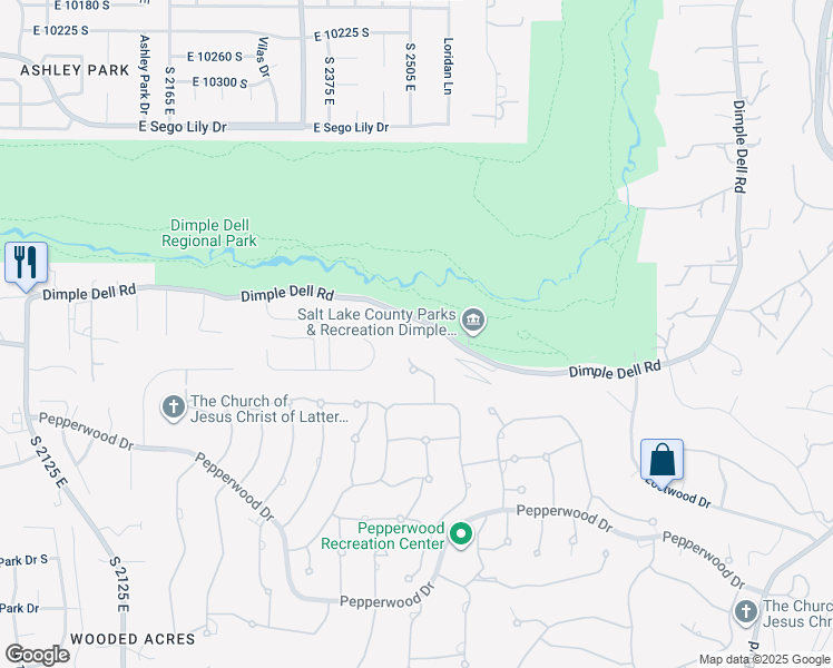 map of restaurants, bars, coffee shops, grocery stores, and more near 2548 Dimple Dell Lane in Sandy