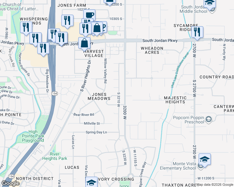 map of restaurants, bars, coffee shops, grocery stores, and more near 3237 Cornish Circle in South Jordan