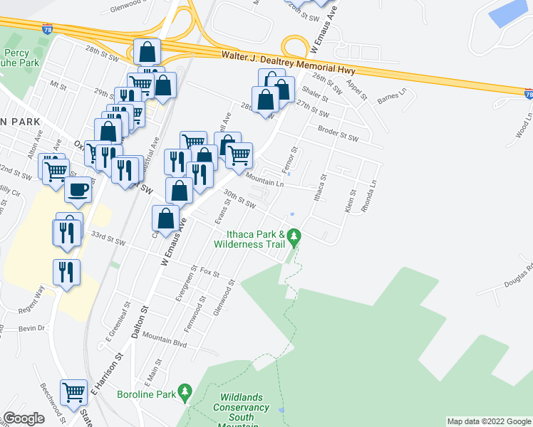 map of restaurants, bars, coffee shops, grocery stores, and more near 3001 Fernor Street in Allentown