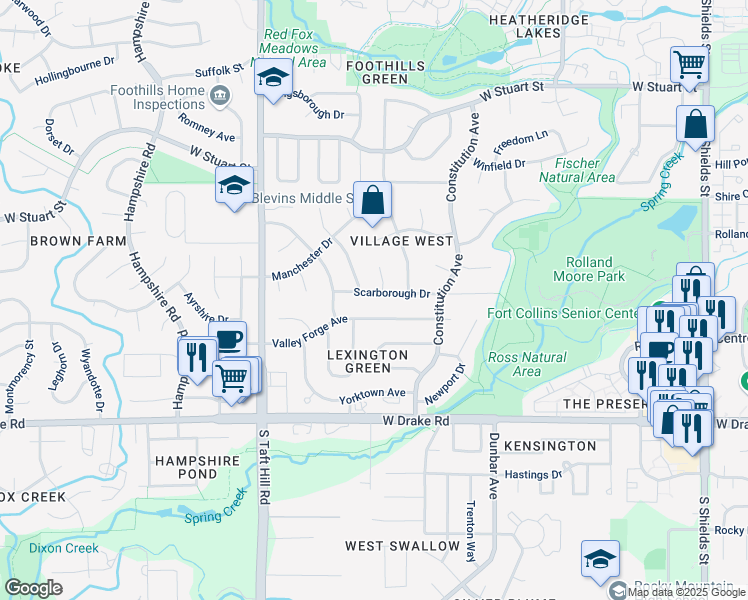map of restaurants, bars, coffee shops, grocery stores, and more near 1825 Scarborough Drive in Fort Collins