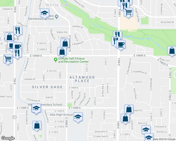 map of restaurants, bars, coffee shops, grocery stores, and more near 10719 South 1120 East in Sandy