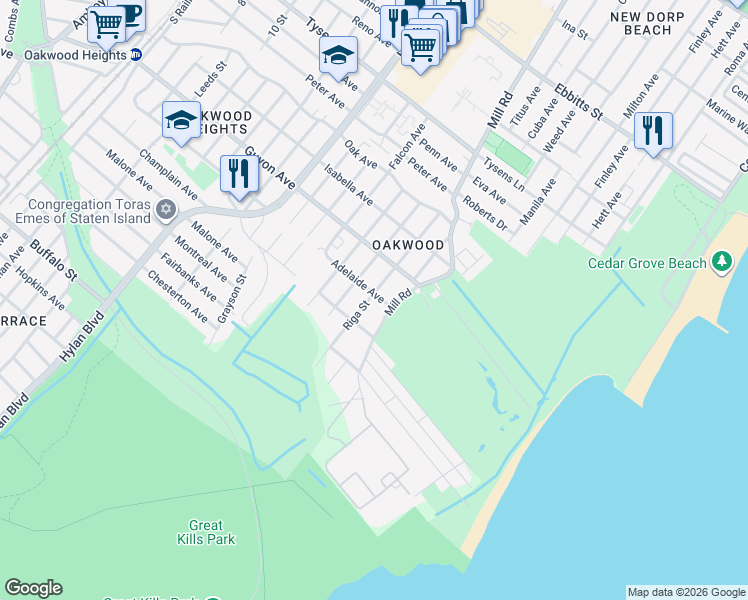 map of restaurants, bars, coffee shops, grocery stores, and more near 490 Riga Street in Staten Island