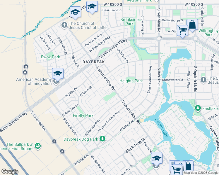 map of restaurants, bars, coffee shops, grocery stores, and more near 10762 S Kestrel Rise Road in South Jordan