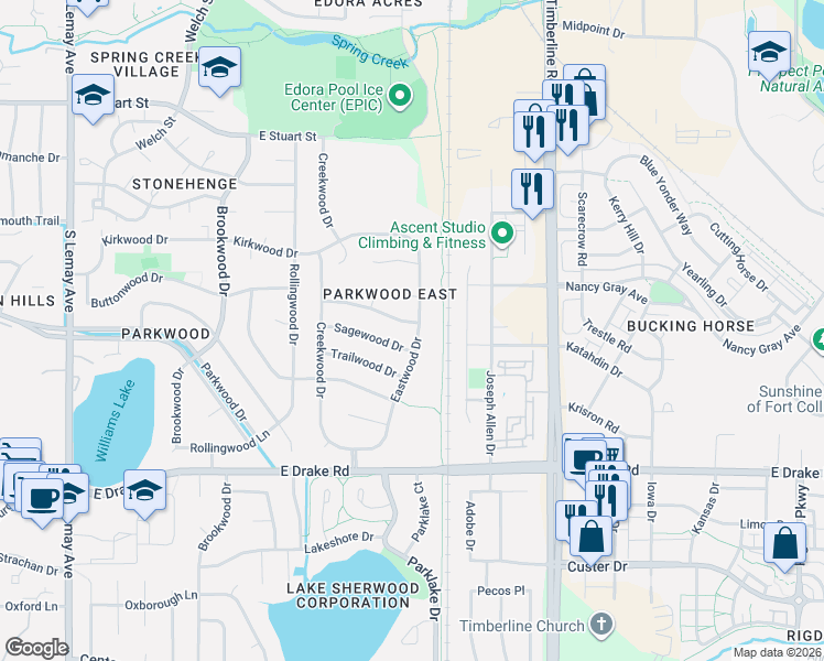 map of restaurants, bars, coffee shops, grocery stores, and more near 1743 Barnwood Drive in Fort Collins