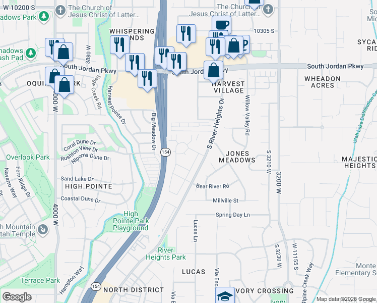 map of restaurants, bars, coffee shops, grocery stores, and more near 3548 Haven Fields Drive in South Jordan