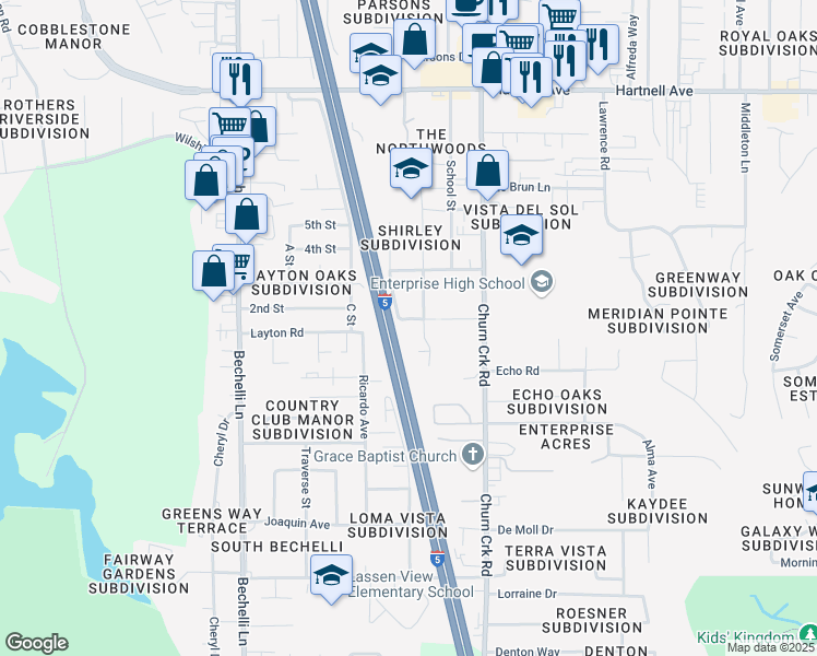 map of restaurants, bars, coffee shops, grocery stores, and more near 821 Camino Court in Redding