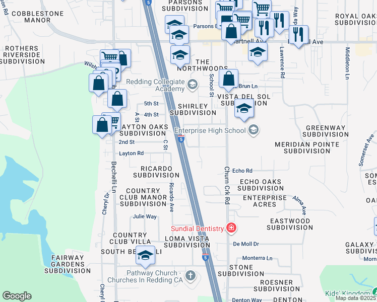 map of restaurants, bars, coffee shops, grocery stores, and more near 821 Camino Court in Redding