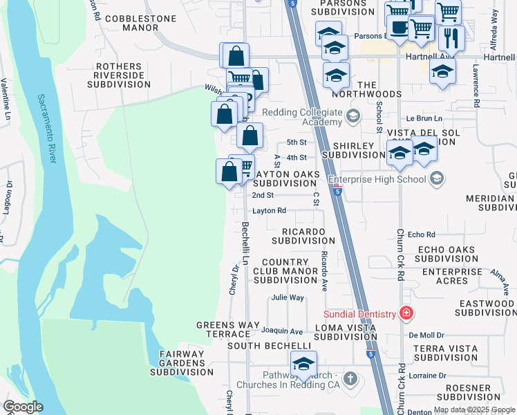 map of restaurants, bars, coffee shops, grocery stores, and more near 3437 Bechelli Lane in Redding