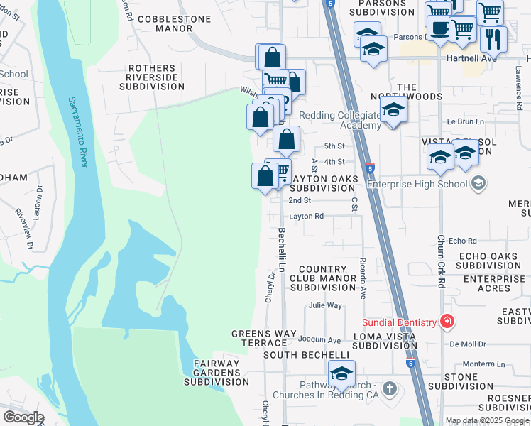 map of restaurants, bars, coffee shops, grocery stores, and more near 3434 Bechelli Ln in Redding