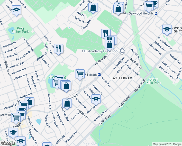 map of restaurants, bars, coffee shops, grocery stores, and more near 3470 Amboy Road in Staten Island