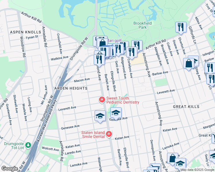map of restaurants, bars, coffee shops, grocery stores, and more near 480 Eltingville Boulevard in Staten Island