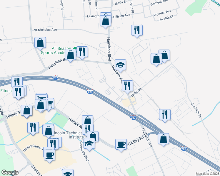 map of restaurants, bars, coffee shops, grocery stores, and more near 1300 Cook Lane in South Plainfield